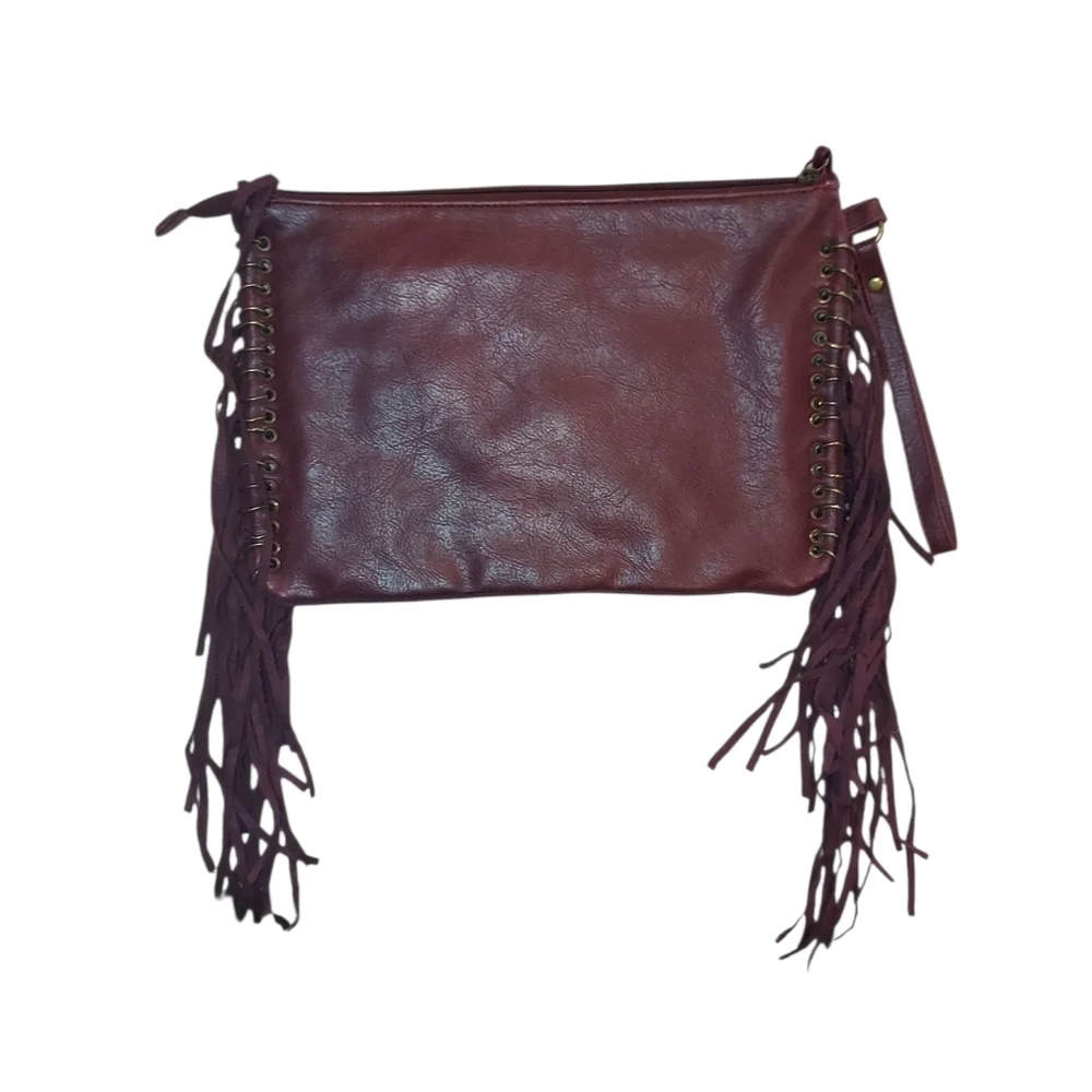 Mossimo Burgandy Faux Leather Clutch Wristlet With Fringe - Picture 5 of 7